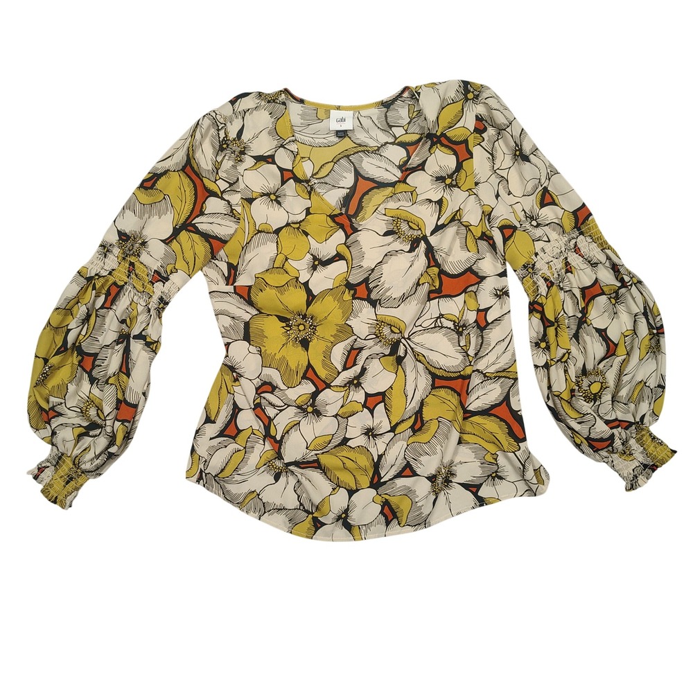 Cabi Blouse Womens S Balloon Sleeve Floral Print V-Neck Yellow Multi 3954